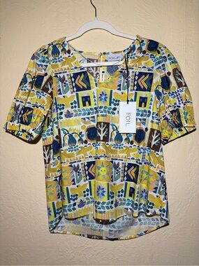 Foil - Yellow Geometric Print Short Sleeve Blouse